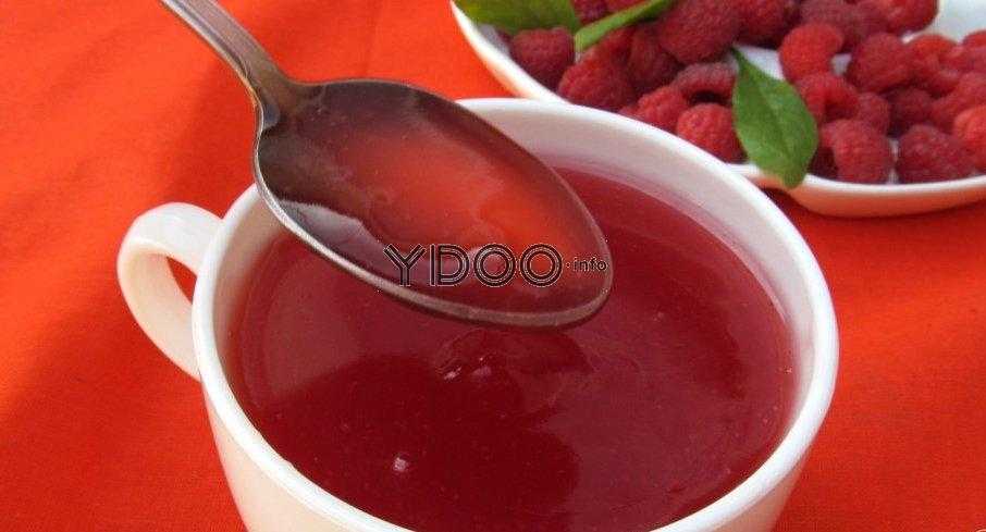 густой кисель из чашки зачерпывают столовой ложкой, на фоне блюдце со свежими ягодами малины и листочками мяты