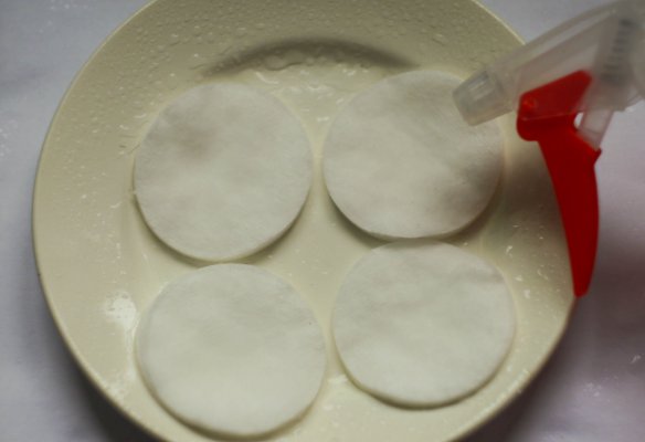 мокрые ватные диски на тарелке